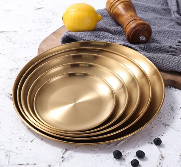 Stainless steel gold dessert plates western coffee tray accessories storage cake dishes disc barbecue-image-517089973