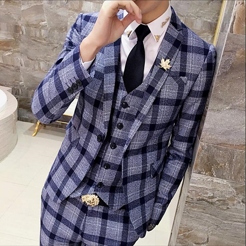 

( Jacket + Vest + Pants ) 2019 New Men's Fashion Boutique Plaid Wedding Dress Suit Three-piece Male Formal Business Casual Suits, Blue