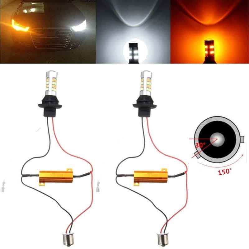 

1156 BA15S BAU15S PY21W T20 Dual Color White/Amber Yellow Switchback LED Turn Signal Light + Error Free Canbus with Resistor DRL