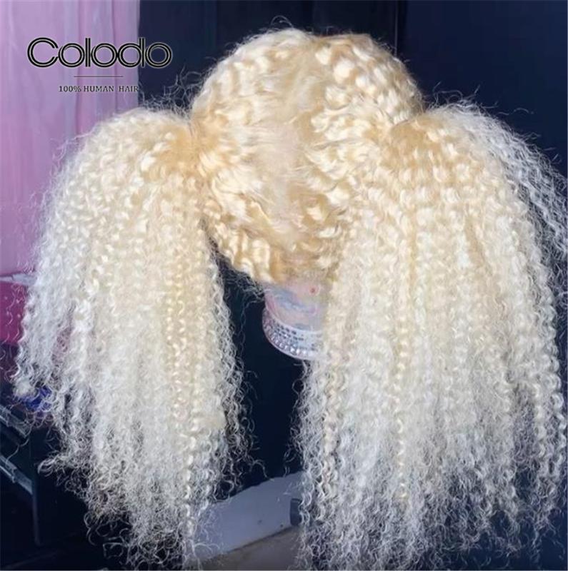 

COLODO Kinky Curly Lace Front Wig Honey Blonde Short Curly Human Hair Wig Brazilian Remy Transparent Lace Wigs For Black Women, 613 blonde