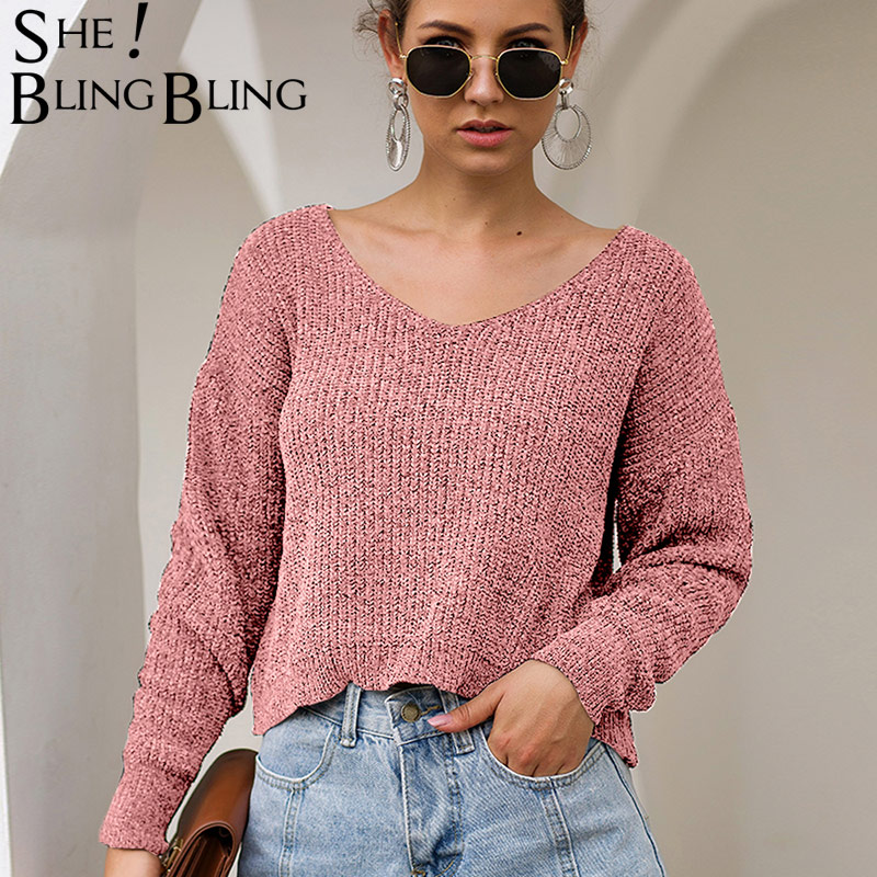 

SheBlingBling Sexy V Neck Short Sweater Women Tops Ladies Pullovers 2019 Autumn Winter Long Sleeve Casual Loose Christmas Jumper, Black