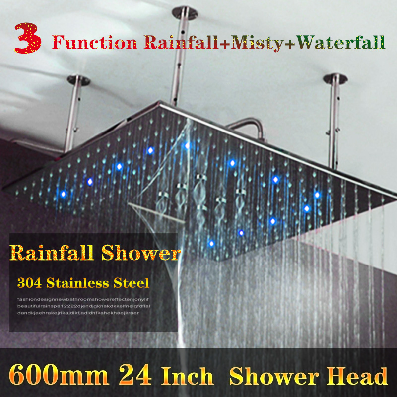 

hydro power 3 color change according to water temperature 3 function 24 Inch Ceiling rainfall waterfall shower head massage led lighting