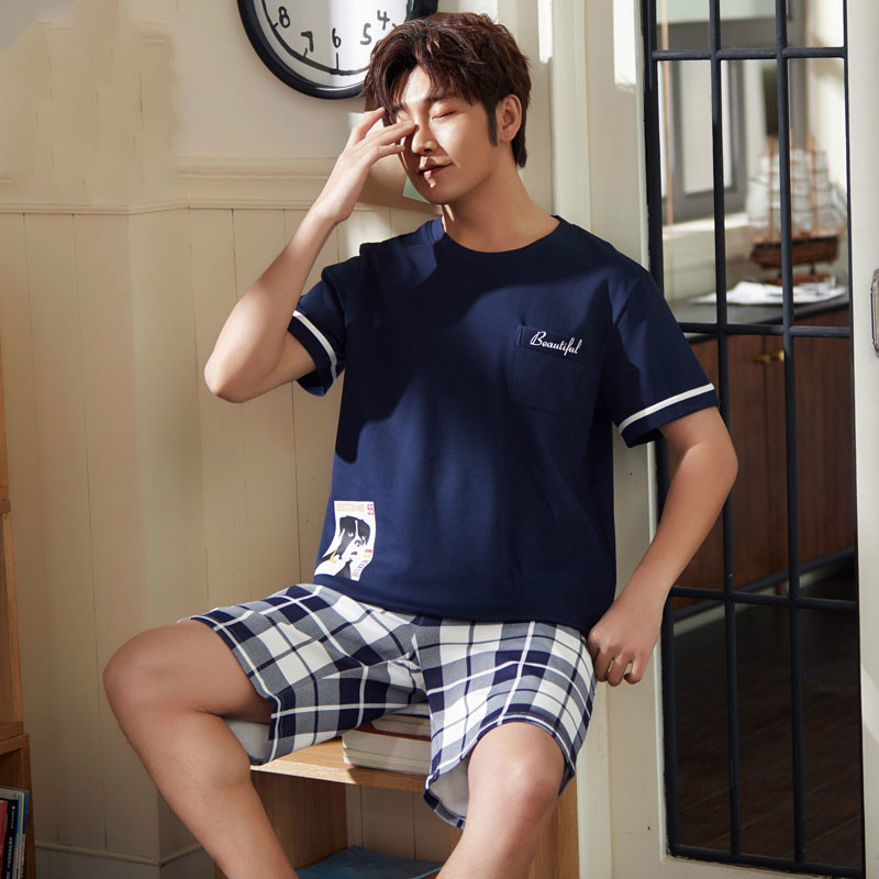 

Blue Pajamas Set For Man Cotton Blue Plaid Shorts Pajamas Sets Simple With Letters Pajama For Men Loose Casual Sleep Tops