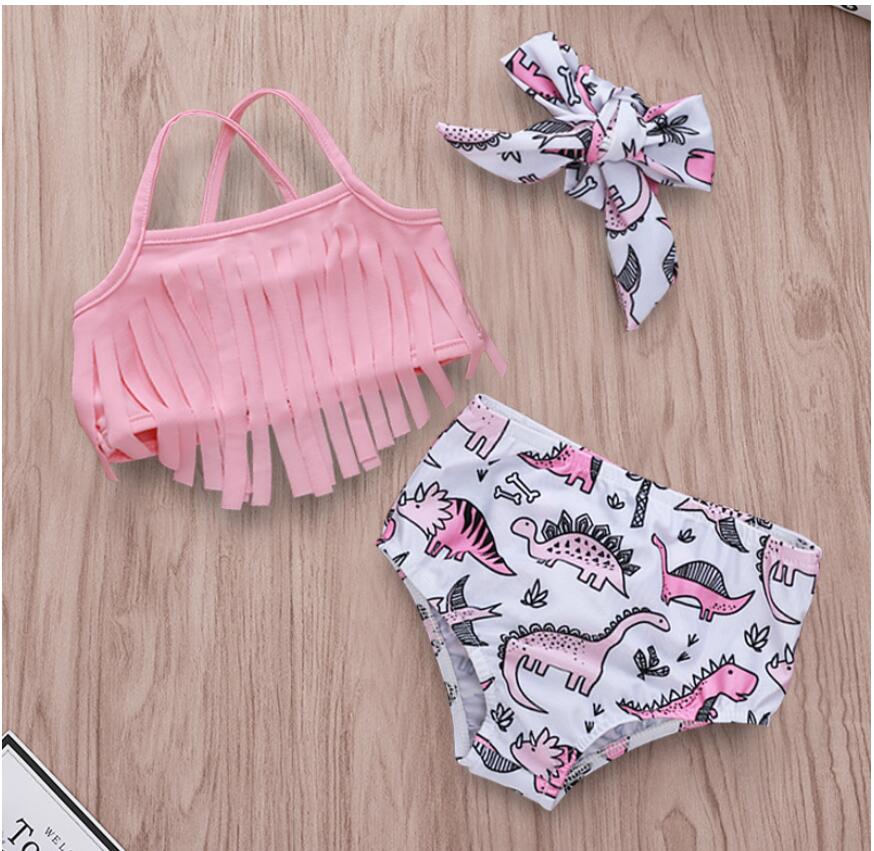 Girl Suspender Tassel Tops and Dinosaur Print Swimwear Set Baby Summer Pink Swimsuit Three Pieces Kids Swimming Clothes ZHT 215-image-455982762