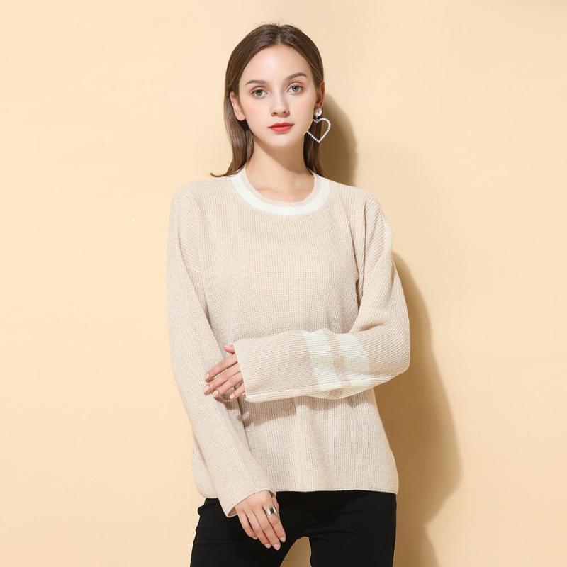 

masigoch 100% merino wool contrast sweater round neck long sleeve plus size women fashion loose striped pullover, Pink