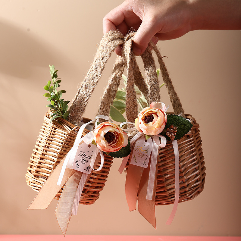 

Natural Wedding Handmade Rattan Candy Basket Wedding favor gifts basket for guests Bride flower flower girl