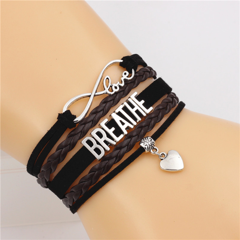 

Antique Silver Color Breathe Letter Bracelet Infinity Love Multi-layer Leather Cute Heart Charm Fashion Jewelry For Men Creative