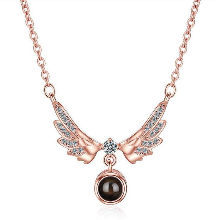 

100 Languages I love You Projection necklace 2 Colors Wing Shaped Valentines Pendant Necklace Chain Necklaces Girls jewelry Wholesale JJ137, Mixed colors