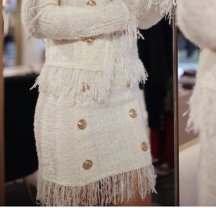

New Hot Personality Top Quality Original Design Women's Tweed Package hip Skirt Double-breasted Raw edge Tassel Skirts, White