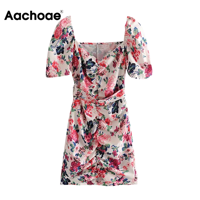 

Aachoae Women Floral Print Mini Dress Sexy Bodycon Beach Dress With Belt Puff Short Sleeve Chic Summer Vestido De Festa