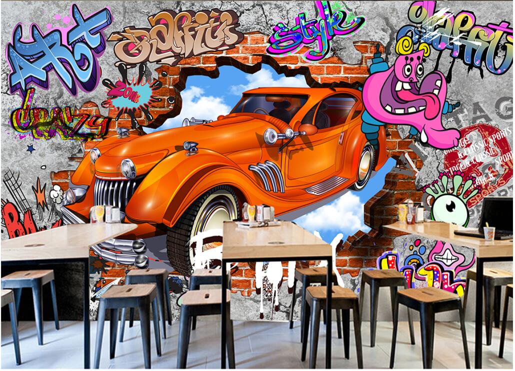 

WDBH custom photo 3d wallpaper Nostalgic graffiti brick wall car bar background room home decor 3d wall murals wallpaper for walls 3 d, Non-woven