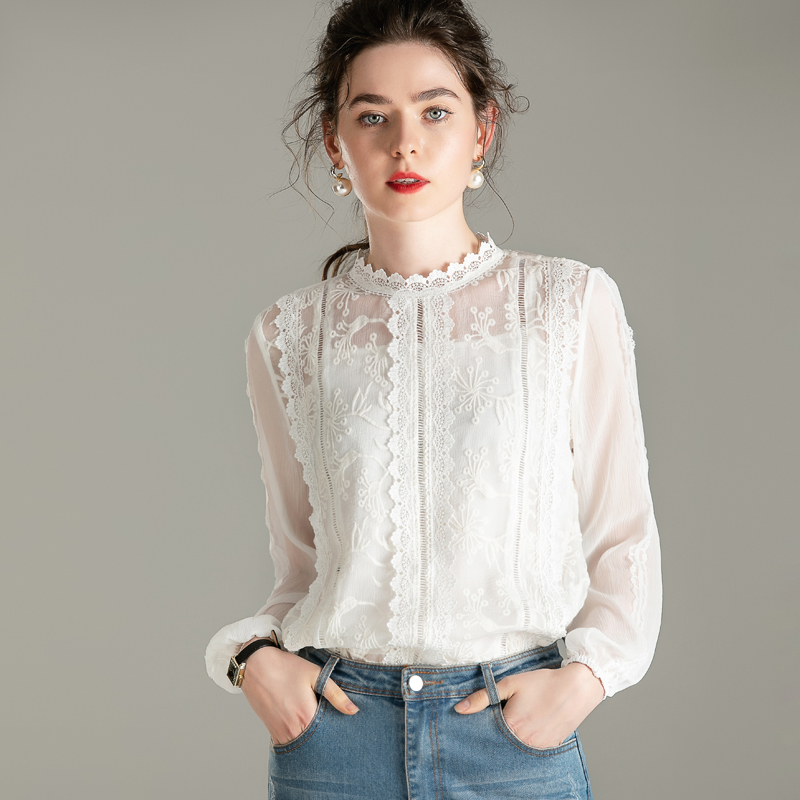 

100% Silk Women' Runway Shirt Stand Collar Long Sleeves Embroidery Lace Elegant Pullover Fashion Blouse Shirt, White