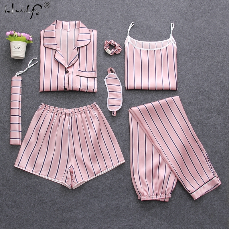 

2019 Sexy Spring Summer 7 Peices Pajamas Sets Women Silk Satin Pajama Set Soft Sleepwear Home Clothes Womens Pyjamas Suit, Gray