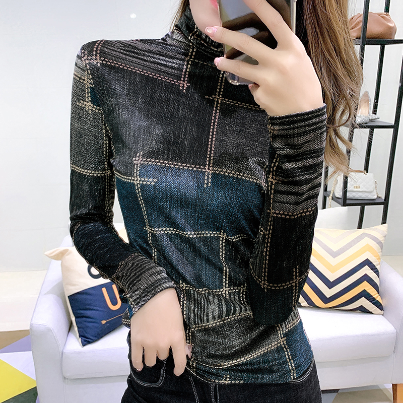 

2020 autumn winter high-neck long-sleeved velvet bottoming shirt streetwear turtleneck plaid female t-shirts bodycon ladies tops, Blue