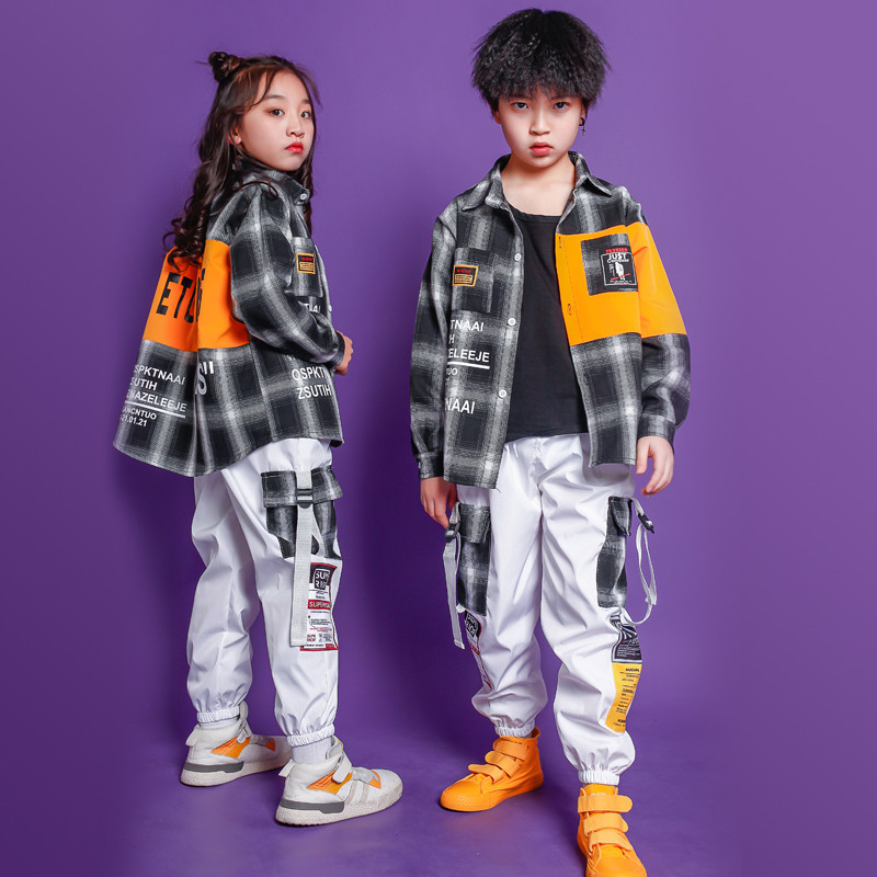 

Jazz Dance Costumes Children Hip Hop Dance Street Clothing Kids Plaid shirt Jogger Pants Boys Stage Performance Wear Suits, Top 2