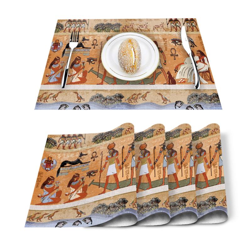 

4/6 Pcs Placemat Table Mat Egyptian Mural Printed For Tables Heat-insulation Linen Cotton Kitchen Dining Pads Placemats Set