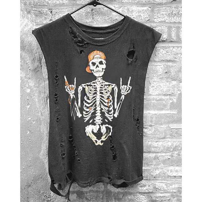 

2020 Fashion Pullover Sleeveless Skull Print Crew Neck T-shirt Summer for Women Statement Trendy Polyester Shirt Handmade Shirt, 04