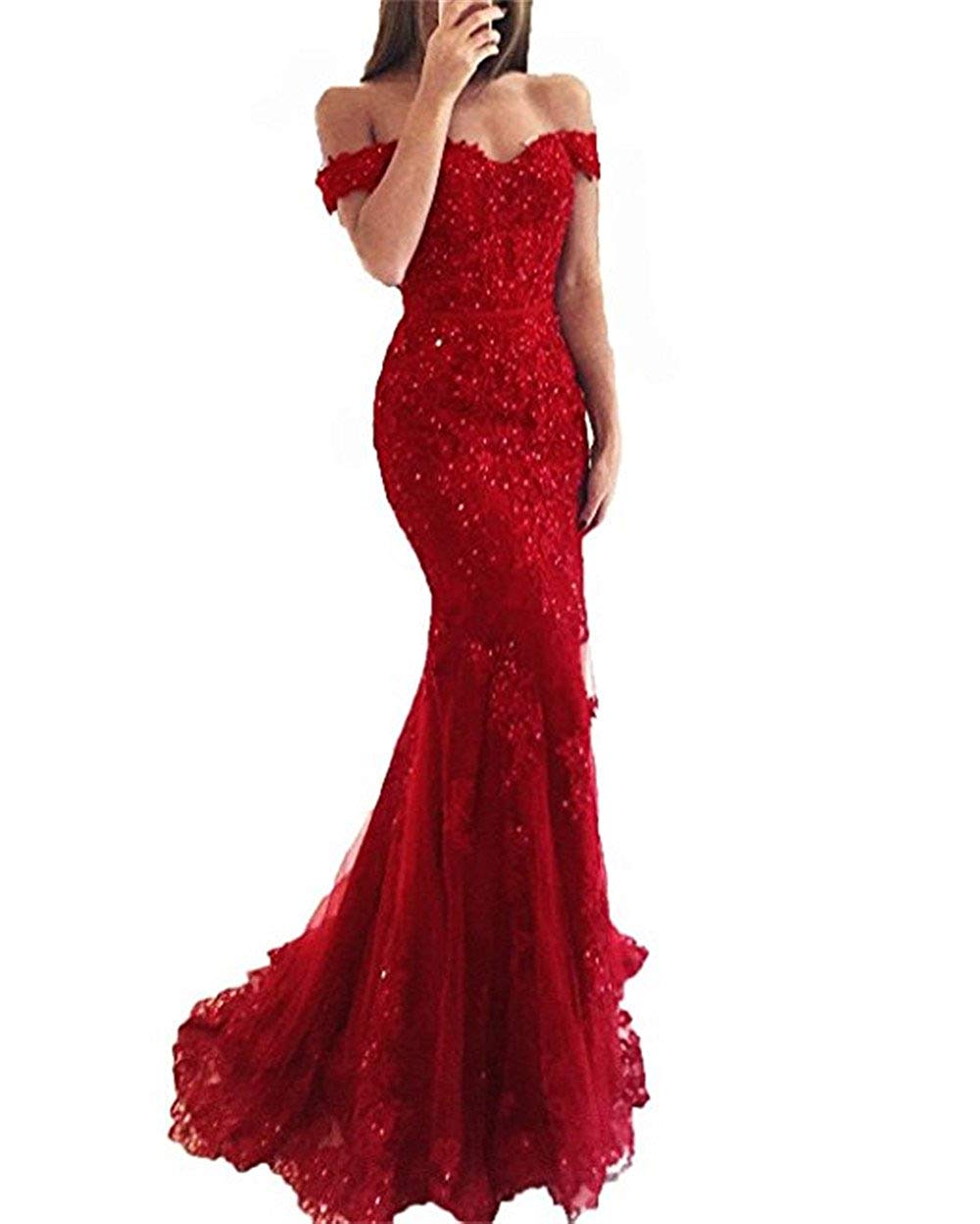 Junoesque Burgundy Lace Mermaid Prom Dresses Appliques Off the Shoulder Beaded Sequins Long Prom Gowns Evening Dresses BM0449