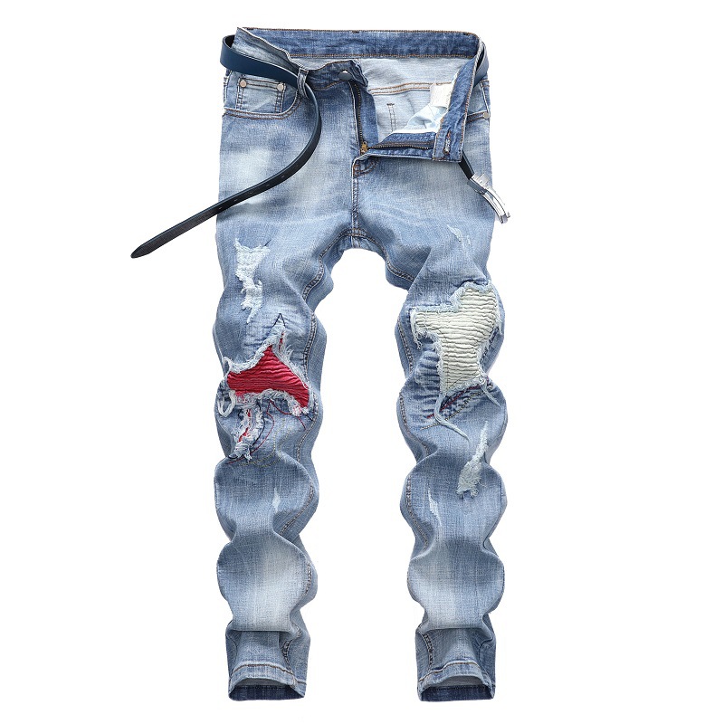

Ripped Fashion Jeans Clothing Designer Pants Light Blue Mens Slim Denim Straight Biker Hole Hip Hop Jeans Men