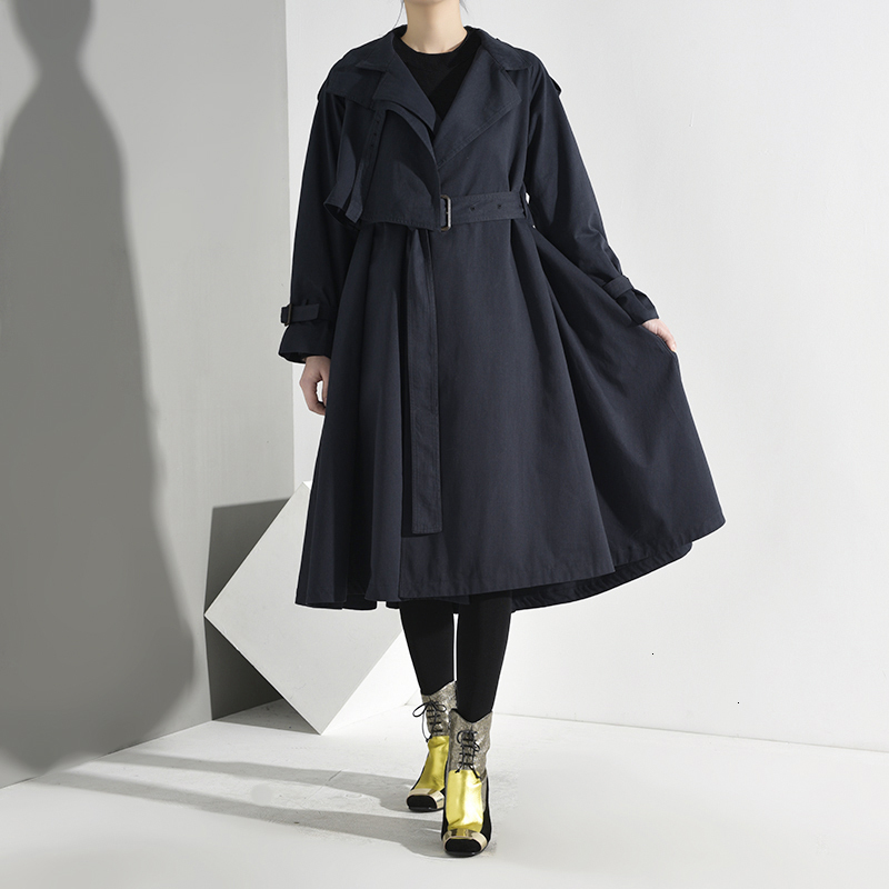 

Women Blue Brief Split Joint Long Trench New Lapel Long Sleeve Loose Fit Windbreaker Fashion Tide Autumn Winter 2020, Navy blue