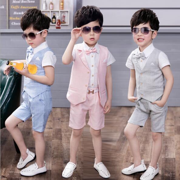 

3Pcs Vest+Pant+Shirts Summer Plaid Formal Vest Top Gentle Boys Suits, Gray