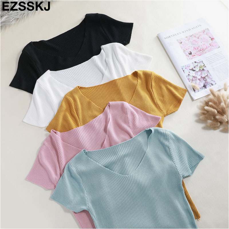 

2020 casual summer v-neck knit crop t-shirt Women short sleeve sexy slim top jacket girl female basic t shirt top cheap, Beige