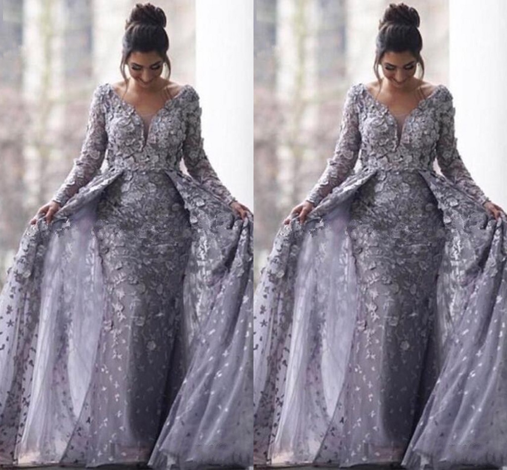 

Saudi Arabic Gray Muslim Evening Dresses 2020 Mermaid V-neck Long Sleeves Tulle Lace Islamic Dubai Long Formal Evening Gown, Light yellow