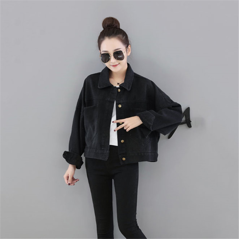 

Korean Version The Embroidery Denim Short Jacket 2019 Spring And Autumn New Fashion Loose Coat bat Sleeve Denim Casual Outerwear, Black
