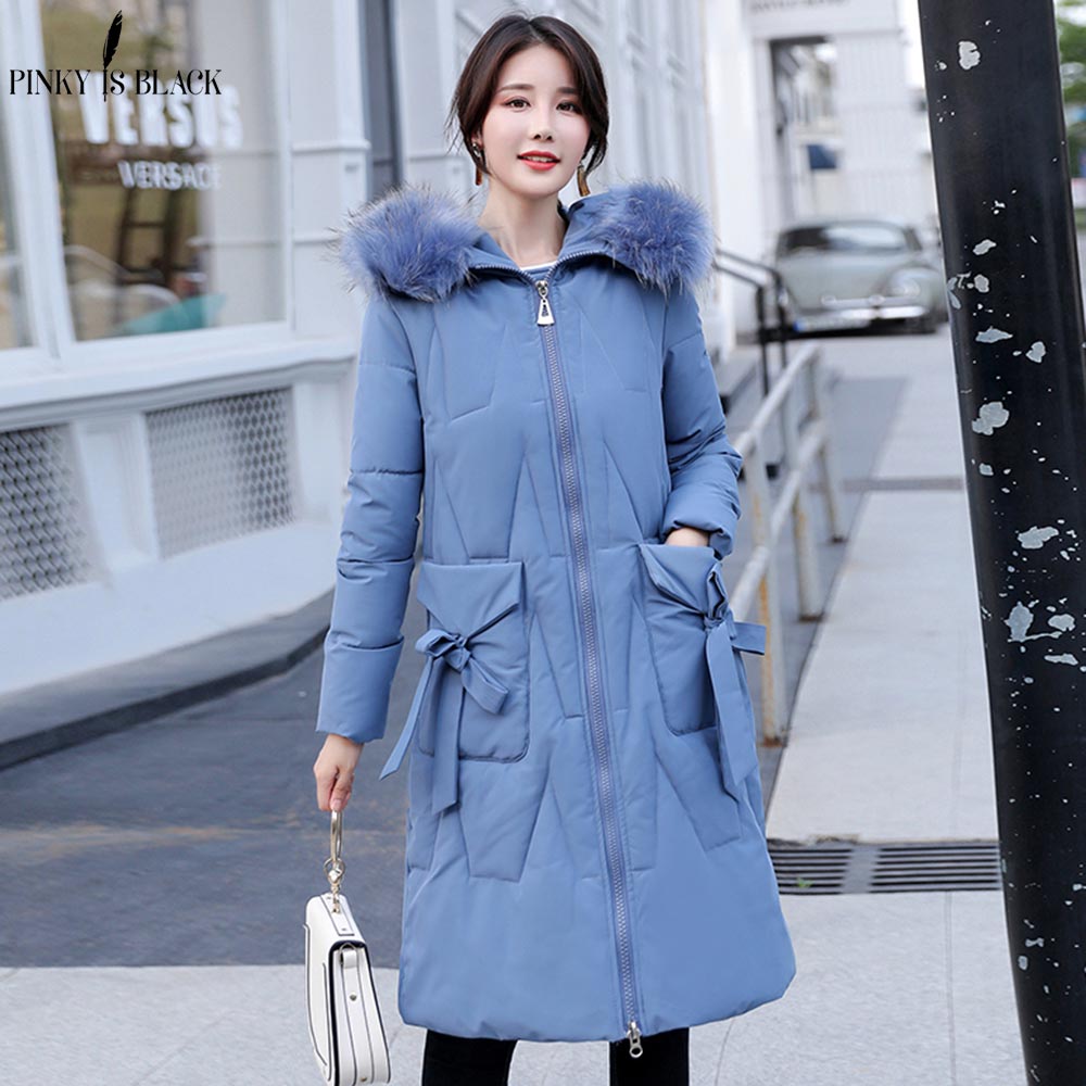 

PinkyIsBlack Hooded Jackets Long Parkas Winter Jacket Women Bow Pockets Winter 2019 New Korean Big Fur Loose Coat Women, Black