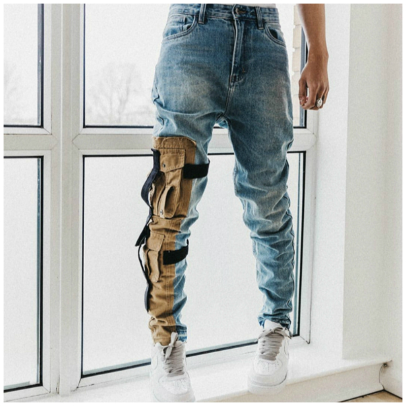 

High Quality Vintage Washed Slim Stretch Denim Jeans Khaki Pocket Patch Distressing Biker Jeans Eight Pockets Styling, Blue