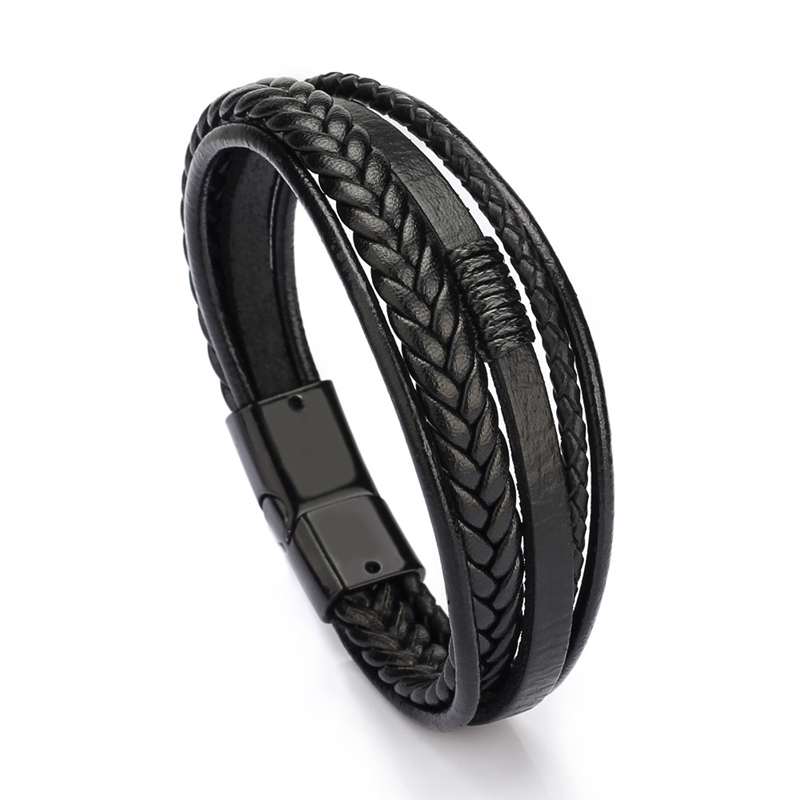 

Mens Ieather Bracelet Leather Bangles For Men Magnetic-Clasp Cowhide Braided Multi Layer Wrap Bracelet Man Pulseras Para Hombre