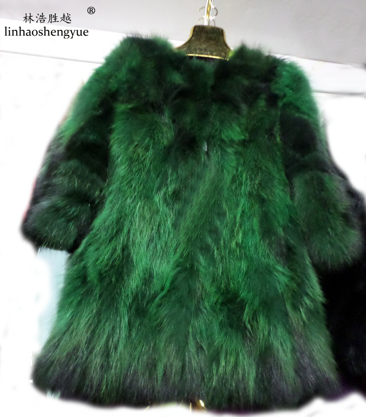 

Linhaoshengyue LONG 75cm Raccoon fur long coat black and green, Beige