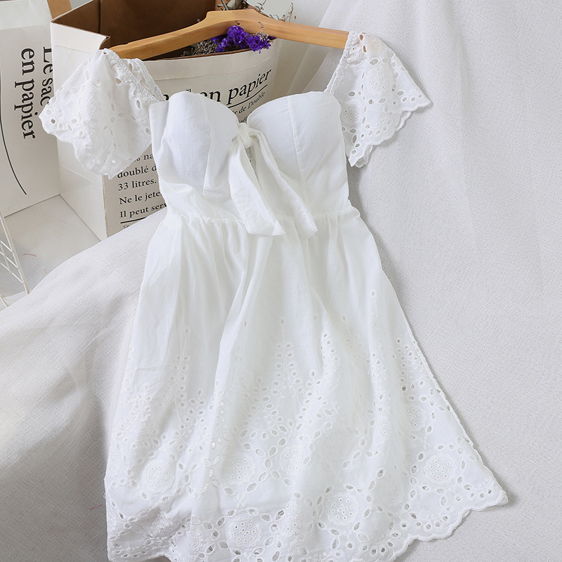 

Shoulder Cotton Back Short Sleeve Top Solid Color Dress Small Dress, White