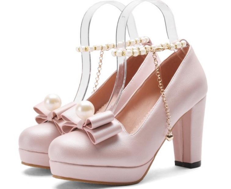 

2019 bowknot Women's shoes in Spring and Autumn with New style High heel Coarse heel round head @01, White