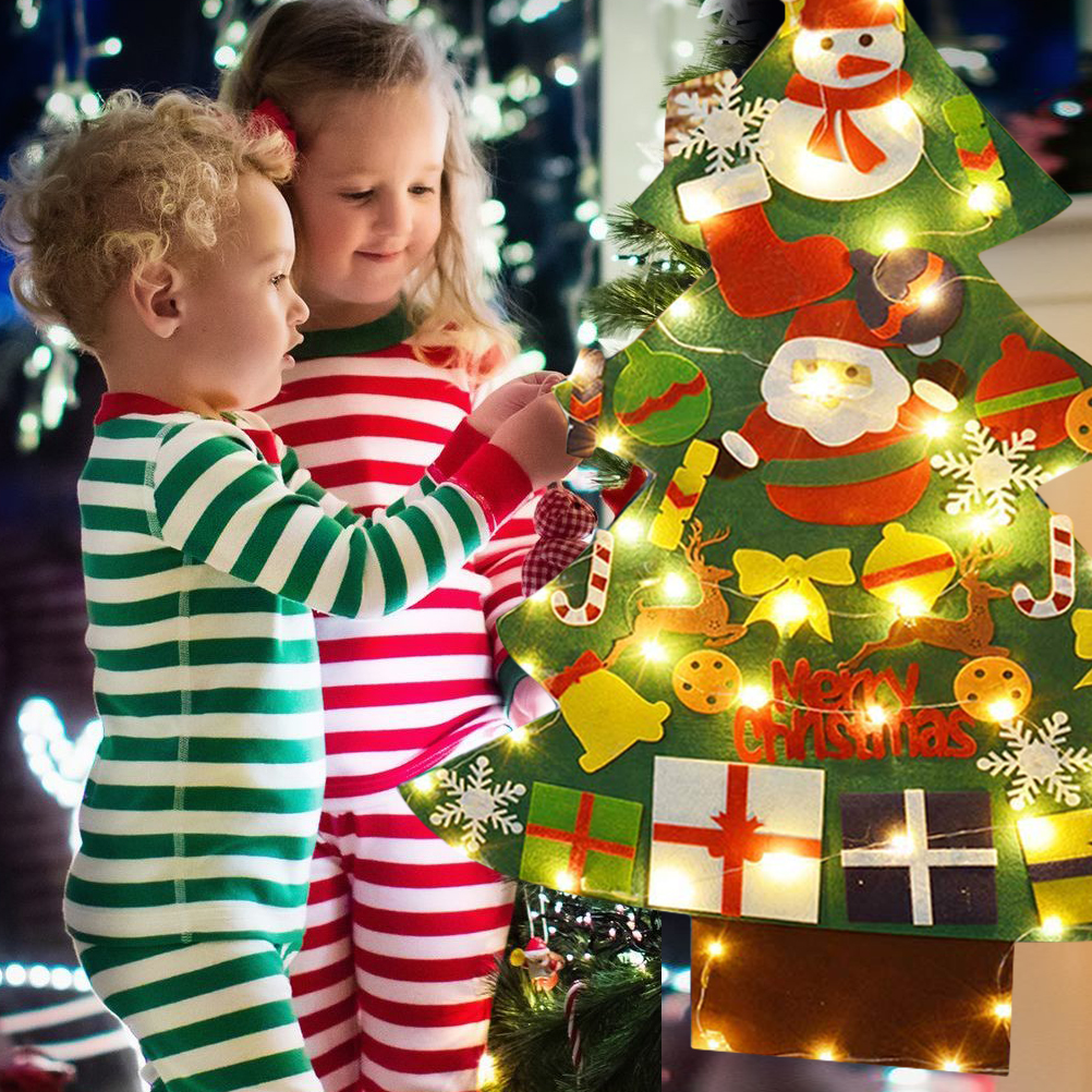

Felt Christmas Tree New Year Gifts Kids Toys Artificial Tree With LED String Light Hanging Ornaments Christmas Decor For Home