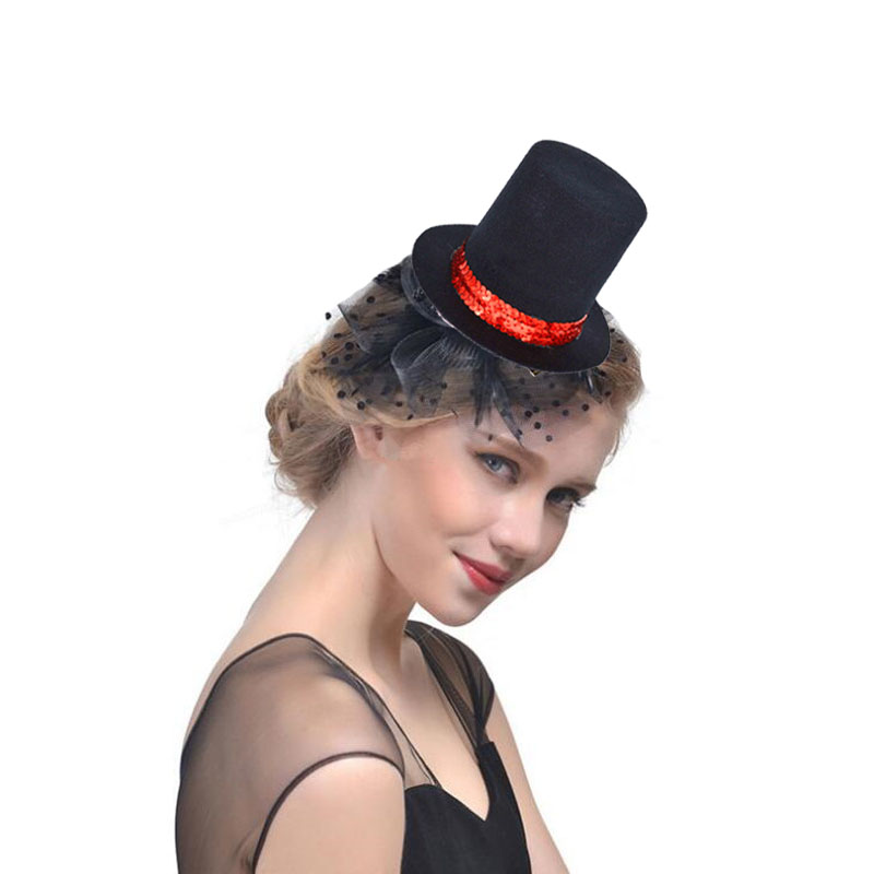 

Women Girl Red Sequin Black Mini Top Hat Hair Clip Hat Base DIY Craft Hair Accessories Carnival Wedding Party Head Wear
