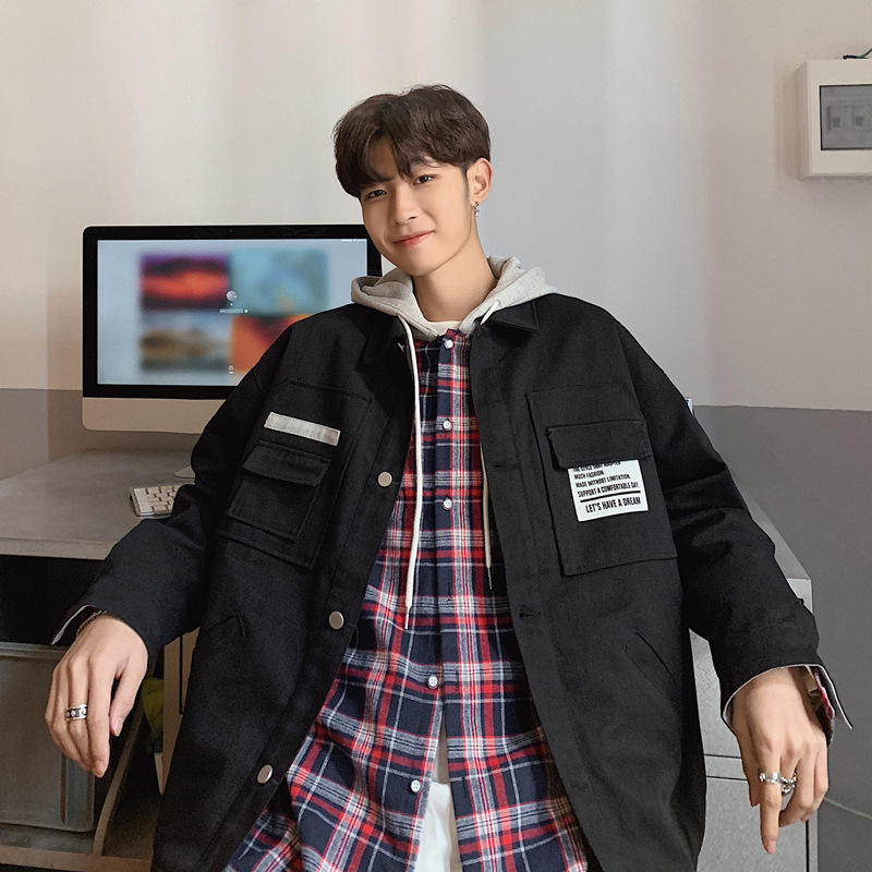 

Spring autumn 2020 Fashion teenagers students patch street men's letters embroidered loose Cotton jacket male youth jacket men, Black