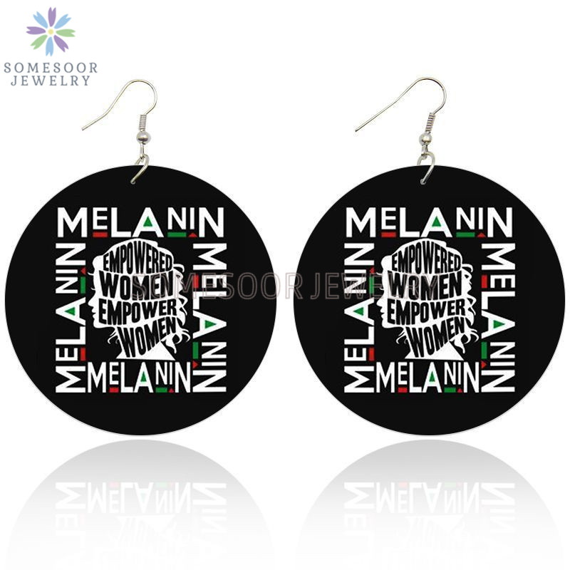 

SOMESOOR Empower Black Woman Wooden Drop Earrings Melanin Sayings Both Sides Printed Inspire Wood Loops Jewelry For Women Gifts