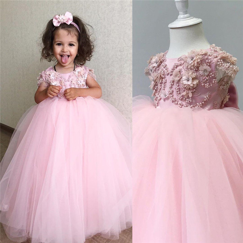 

Real Picture Puffy Baby Girl Dress for Birthday Applique Kids Clothes Children Party Dress Flower Girl with Bow, Pink