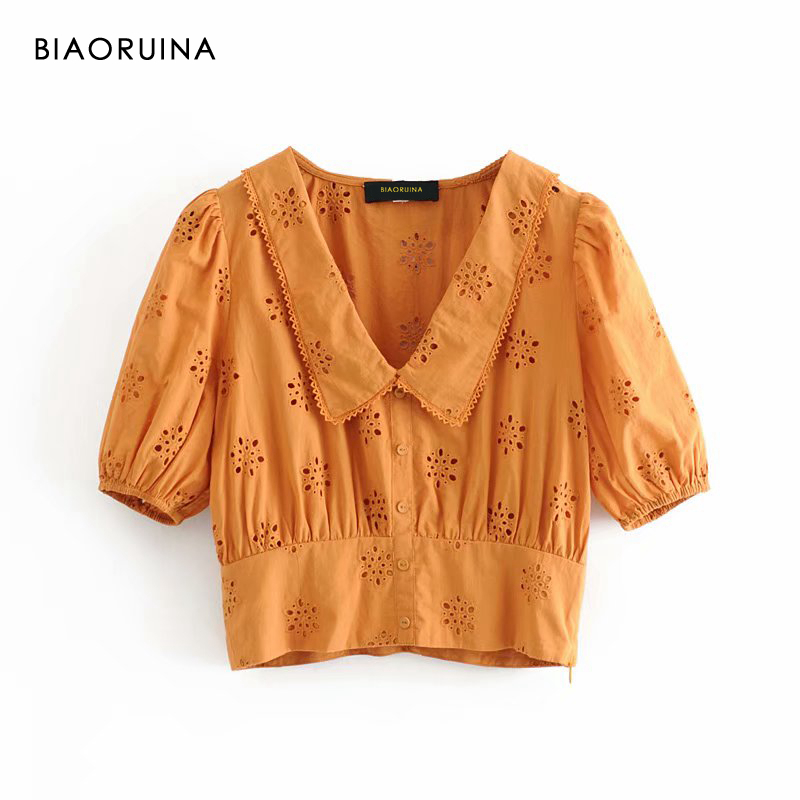 

BIAORUINA Women' Orange Hallow Out Floral Embroidery Shirt Turn-down Collar Short Sleeve Summer Fashion Crop Top, As pic