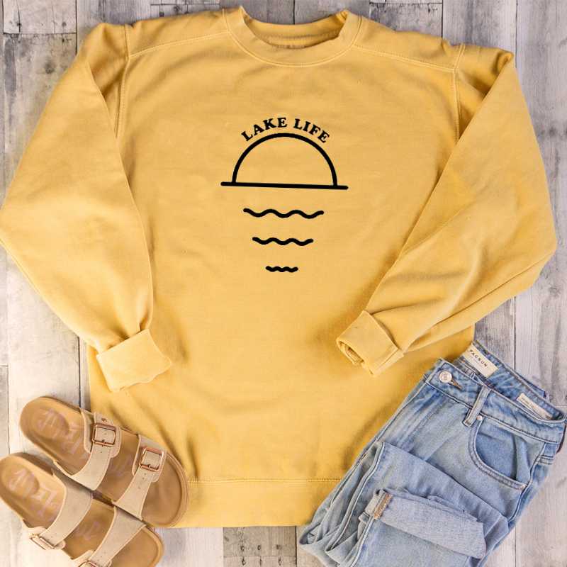 

Fashion Fleece Sweatshirts Lake Life Letter Print Sweatshirt Women Harajuku Funny Graphic Pullover Clothes, Grey