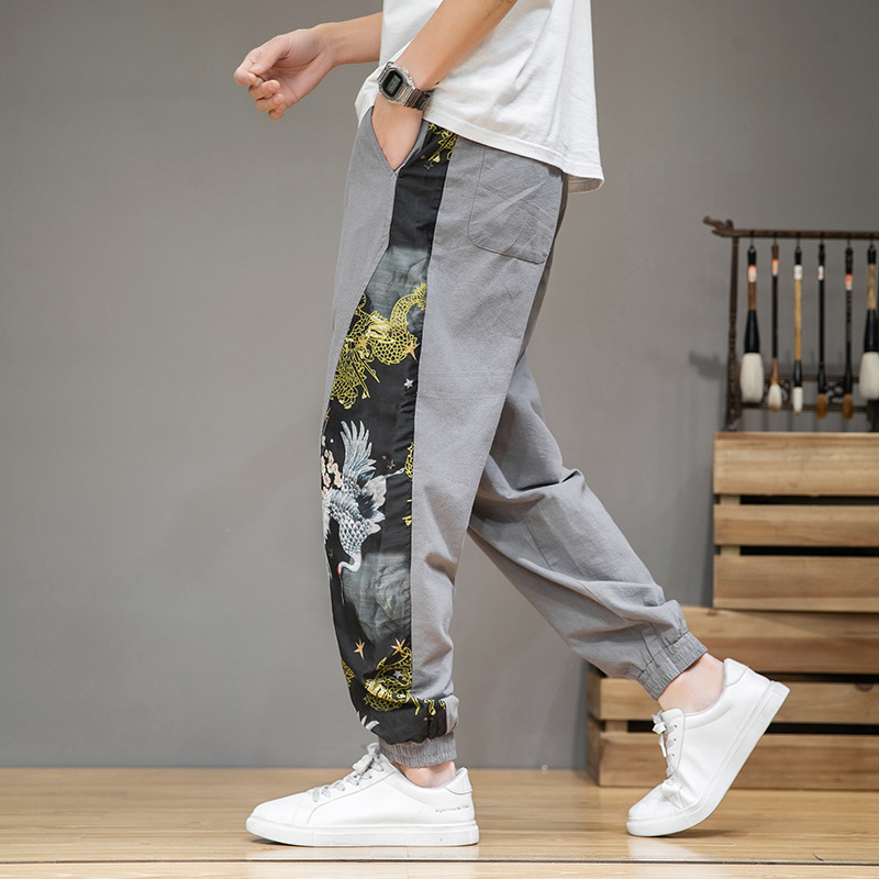 

2020 Summer New Men's Chinese-Style Cotton and Linen Casual Trousers Large Size Color Stitching Ankle-Length Pants, Black