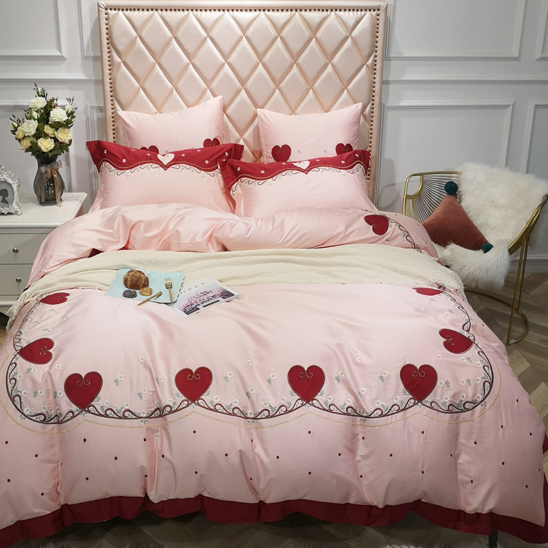 

Popular Embroidery Quilt Cover Heart-shaped Pink Princess Bedding Set Pure Cotton 4pcs Free Shipping Hot Girls Favorite BedSheet, Khaki -4pcs
