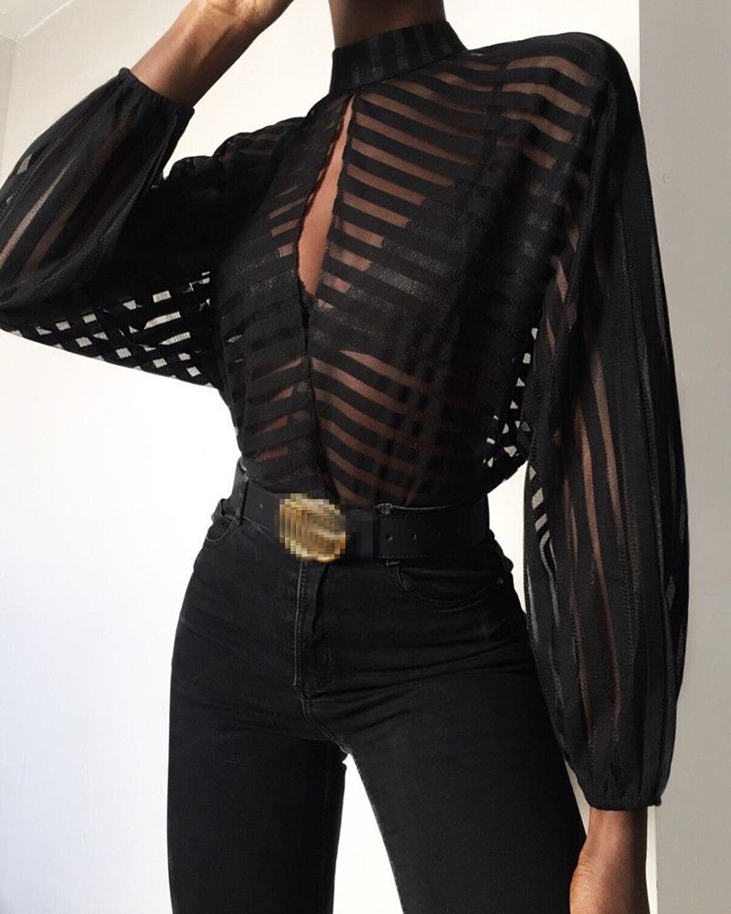

New design women's stand collar lantern style long sleeve perspective gauze stripe print loose blouse shirt plus size S  L XL, White