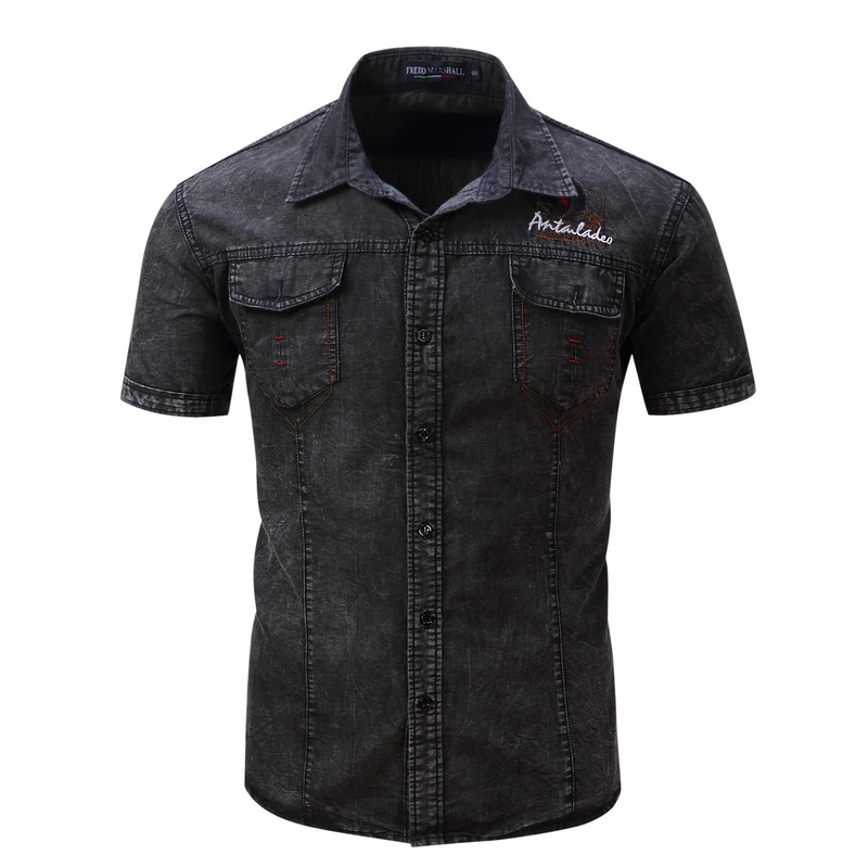 

Top Selling Product In 2020 European American Men' Short-sleeved Cotton Denim Shirt Nostalgic Shirt Men' Clothing, Black