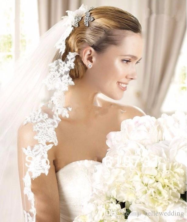 

Elegant Bridal Veil With Lace Applique Edge Cathedral Length One Tier Tulle White/Ivory Hotselling Wedding Veils #F118