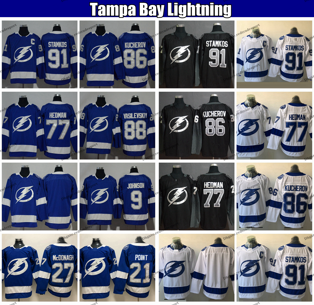 

2019 Tampa Bay Lightning 91 Steven Stamkos 86 Nikita Kucherov Victor Hedman Tyler Johnson McDonagh Vasilevskiy Brayden Point Hockey Jersey, Black 86