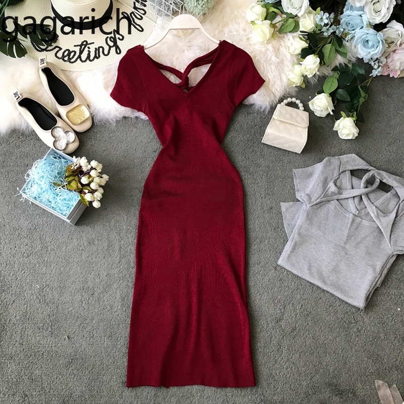 

Gagarich Women Knitted Dress 2019 New Solid Stretch V-neck Short Sleeve Cross Back Elegant Female Dresses Summer Vestidos, Gray