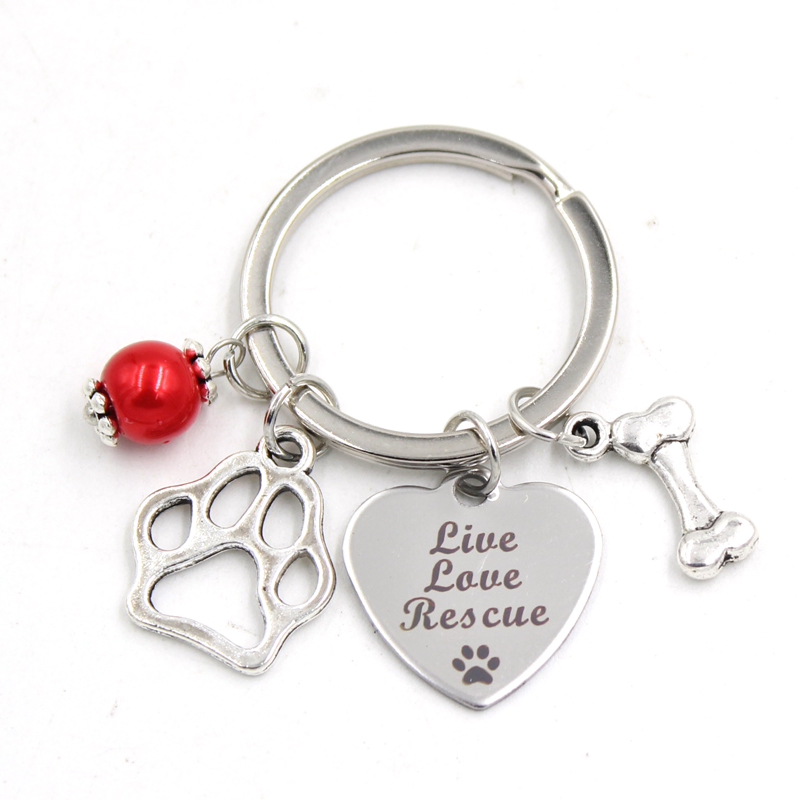 New Arrival Stainless Steel Key Chain Key Ring Animal Pet Rescue Key Chain Keyring Live Love Rescue Pawprint Jewelry