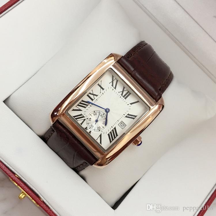 

2020 Fashion man leather watch Square luxury male wristwatch with date high quality steel black/brown leather man watches free shipping, Slivery;brown